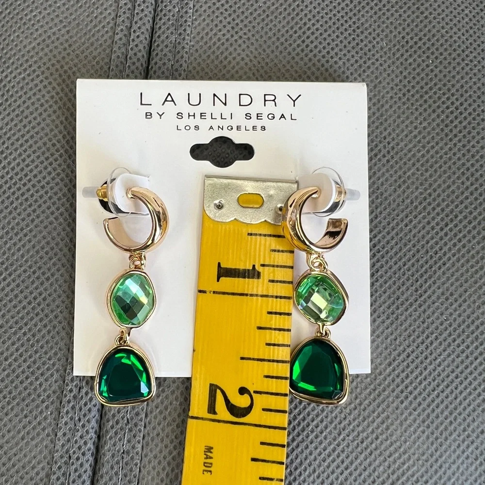 *SOLD*Laundry by Shelli Segal Gold/Emerald Huggie Drop Earrings - Picture 6 of 6
